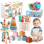 Montessori Baby Toys 6-12 Months, 4 in 1 Montessori Toys Set Pull String Baby Teething Toys, Stacking Building Blocks Infant Toys, Tissue Box Toy, Baby Sensory Toys for 1 2 3 Year Old Boy Girl