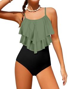 Tomolant Girls Swimsuit, Girls Swimsuits Size 10-12 Color Block One Piece Bathing Suit 2-Tiered Ruffle Bathing Suits for Teens with Chest Pad Adjustable Straps Swimwear