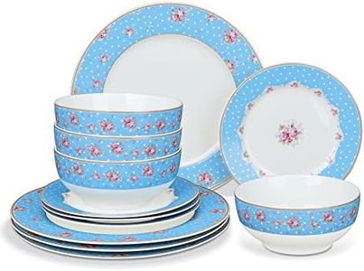 fanquare 12 Piece Dinnerware Set, Service for 4, Blue Porcelain Plates, Bowls, Floral Kitchen Dishes Set, White Dot