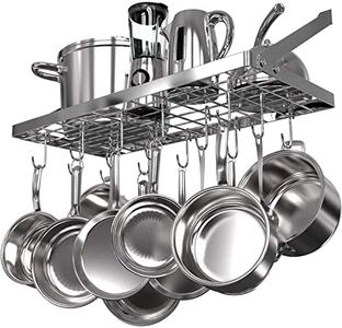 Vdomus Hanging Pot Rack Organizer, 13"x29.3"x9.3" - Heavy-Duty Cast Iron for Kitchen Ceiling Storage - Overhead Pots Holder - 15 Hooks for Multi-Purpose Cookware and Utensils - 80lb Capacity, Silver