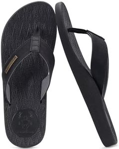KuaiLu Mens Flip Flops Arch Support Comfortable Cushion Memory Foam Recovery Walking Waterproof Leather Thong Sandals Orthotic Plantar Fasciitis Summer Casual Beach Pool Slip on Slippers Black Size 9
