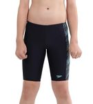 Speedo Boy's Endurance 10 High Chlorine Resistant UPF 40+ Sun Protection Hyperboom Panel Print Jammer - True Navy & Harlequin Green