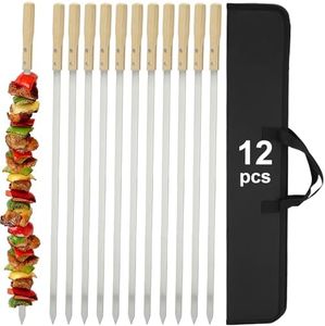 AGIgear Skewers,Heavy-Duty Stainless Steel BBQ Skewer with Wooden Handle,Reusable 23” Metal Skewers for Grilling, Rust-Proof, Perfect for Meat, Seafood, Kebabs,Vegetables (Silver12)