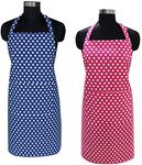 AIRWILL Cotton Polka Dot Printed Free Size Apron with Center Pocket, Adjustable Buckle on Top and Long Straps (Blue,Pink, Pack of 2)