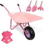 Altdorff Kids Wheelbarrow Set Metal, Child Wheel Barrel Pink Easy to Assemble and Garden Tools Kit Include Hand Rake, Shovel and Mini Rake, Kid Garden Glove