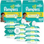 Pampers Swaddlers Disposable Baby Diapers Size 3, 2 Month Supply (2 x 168 Count) with Sensitive Water Based Baby Wipes 12X Multi Pack Pop-Top and Refill (1008 Count)