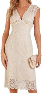 Women's Lace Cocktail Dress Sleeveless V Neck Elegant Bodycon Midi Dress for Wedding Guest Party Evening Formal (US, Alpha, Small, Regular, Regular, Beige)