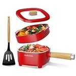 Audecook Electric Hot Pot with Steamer 2L, Non-Stick Frying Pan 8 Inch, Portable Travel Cooker for Ramen, Steak, Egg, Fried Rice, Oatmeal, Soup, Terminal Dual Power Controllable (Red/with Steamer)