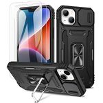 Doeshine for iPhone 14 Case & iPhone 13 Case, 2 Pack Screen Protector, with Magnetic Ring Kickstand & Slide Camera Cover, Shockproof Military Drop Protection Case for iPhone 14 & iPhone 13 (Black)