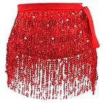 WULIQIUQIU Women's Belly Dance Hip Scarf Sequined Fringe Dance Skirt Rave Music Festival Costumes for Girls Red