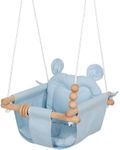 Monkey & Mouse Baby Swing, Pale Blue Indoor Outdoor Portable Hanging Chair - Infant & Toddler Kids 6 Months - 4 Years, Cotton Canvas & Beech Wood Frame, Sensory Hammock Boy & Girl Seat w/Wooden Toys