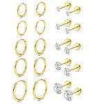 Diamday 10 Pairs Stud Earrings Sets for Multiple Piercing Surgical Steel Small Huggie Hoop Earrings 20G Flat Back Tiny CZ Stud Earrings for Cartilage Lobe Helix Hypoallergenic Gold