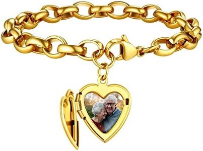 FindChic Personalized Cute Heart Photo Locket Bracelet for Women 18K Gold Plated Mother Bracelets Adjustable Engraved Chunky Cable Chain Bracelet Memorial Jewelry