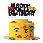 Double- Sided Glitter Building Blocks Happy Birthday Cake Topper, Building Block Theme Birthday Party Decorations