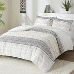 Boho Bedding Comforter Sets, Ivory Full/Queen Farmhouse Bedding Set ,Cotton Top with Modern Neutral Style Clipped Jacquard Stripes, 3-Pieces Including Matching Pillow Shams (90x90 Inches)