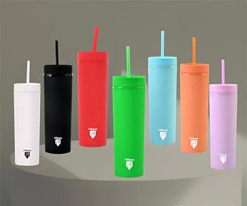 Filliano Bicchiere con cannuccia a doppia parete, Tumbler per bevande 473ml/16oz, Bicchiere in acrilico per Caffè, Tè, Sport, Ufficio, Borraccia con cannuccia , Skinny Tumbler con tappo (Rosa)