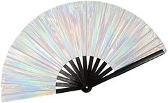 JYSILIYH Silver Laser Rave Hand Fan, Large Folding Hand Rave Fan, Clack Handheld Fan for Party, Bamboo Holding Hand Fan Large Folding Fan with Bright Color, Folding Fan for Festival