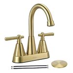 Brushed Gold Bathroom Sink Faucet, SBOSBO 4 Inch Bathroom Faucet for Sink 3 Hole, 2 Handle Sink Faucet with Pop Up Drain Assembly and 2 Water Supply Hoses for RV Bathroom Vanity