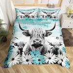 Erosebridal Highland Cow Print Duvet Cover Queen,Teal Western Farmhouse Bedding Set Rustic Home Decor,Longhorn Cattle Farm Animal Comforter Cover Daisy Flowers Bed Set Cowboys Gifts for Men Women