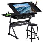 Yaheetech Art Desk/Table with Adjustable Height 65-90.5cm, 2 Drawers & Tiltable Tabletop, Drafting/Drawing Table Art/Craft Desk with Stool Load Capacity 220 lb Home and Office Furniture