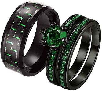 ringheart 2 Rings His and Hers Couple Rings Black Gold Plated Green Cz Womens Wedding Ring Sets Mens Stainless Steel Ring Wedding Bands