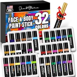 Jim&Gloria Bulk Face Painting Kit - 32 Metallic, Neon, and Classic Colors + Makeup Brush. Skin-Safe Washable, Professional Body Paint Crayon Set. Perfect for Crafts, Toys, Easter, and Gifts for Kids