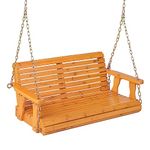 Tangkula 2 Person Hanging Porch Swing, Outdoor Bench Swing with Adjustable Chains, High Back, Cozy Armrests, Wooden Tree Swing Chair for Patio Backyard Deck Garden (Orange)