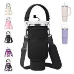 AceTreker Water Bottle Carrier Bag for Stanley 30/40oz Tumbler with Handle Simple Modern Sleeve Holder with Strap & 2 Pockets Neoprene Metal Travel Coffee Mug Carrying Accessories-Black