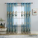 Luxury Embroidered Sheer Curtains for Living Room Peacock Blue Tulle Curtains for Bedroom Transparent Yarn Curtain ,Grommet Top,52" W x 84" L,2 Panels