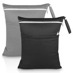 SLETIE 2 Packs Wet Bag, Waterproof Wet Dry Bags, Reusable Washable Cloth Diaper Bags, Nappy Bags with Double Zipper Pockets for Baby Items Swimming Camping Travel Beach Pool Bag (Black+Grey)