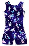 uideazone Girls Gymnastics Bodysuits One-Piece Quick Dry Unicorn Pattern Leotards Kids Butterfly Elf Print Sparkly Stretch Gym Outfits for Ballet Dance Size 8 9