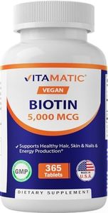 Vitamatic Biotin 5000mcg (5 mg) for Stronger Hair, Skin & Nails - 365 Vegan Tablets- Also Called Vitamin B7