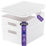 Superio Decorative Plastic Lidded Home Storage Bins Organizer Baskets, Large White (2 Pack - 15 Liter) Stackable Container Box, for Organizing Closet Shelves Drawer Shelf - Ribbed Collection