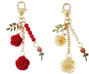 COLORFUL BLING 2PCS Rose Keychain Pendent Flower Keyring Car Keys Ring Accessories Purse Handbag Decor, Red&gold