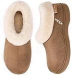 EverFoams Ladies' Micro Suede Memory Foam Slippers with Fluffy Faux Fur Collar and Indoor Outdoor Rubber Sole Tan, Size 5-6 UK