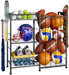 Sports Equipment Organizer, Ball Storage Rack with Elastic Straps and Removable Basket for Garage Organization, Garage Organizer with Hooks for Toy Sports Gear Storage, Sports Ball Storage Cart, Black