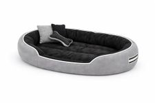 MUDDY PAWS Premium Reversible Oval Dog Bed – XL – Washable Anti-Skid Pet Bed with Toy Pillows, Soft Polyester Dog Cushion – Grey & Black (76L x 61W x 22H Cm)