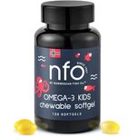 NFO Omega-3 Kids Natural Tutti Frutti Flavored Chewable softgels [120 Capsules] Norwegian Fish Oil High in EPA & DHA in Triglyceride Form Plus Vitamins D3 & E Complex for Children 4+ Years & Older