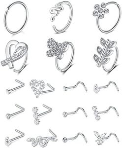 D.Bella 20G Nose Rings for Women Stainless Steel Nose Ring 20 Gauge Nose Rings Hoops Studs Flower Heart Diamond L Shaped Nose Studs Nostril Nose Piercing Jewelry for Women Men (Style V)