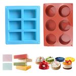 Silicone Soap Molds, 2 Pcs 6-Cavity Cake Mold for Chocolate, Muffins, Candles (Square and Round)