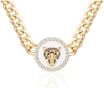 OSCCI Women's Gold Crystal Leopard Head Necklace Statement Hip Hop Chunky Choker Chain Cocktail Costume Party Jewelry (White Necklace)