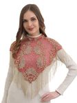 Women's Net Hand Bead Embroidery Designer Short Cape Poncho CN C-16 (Free Size, Red Golden)