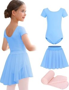 Mecceos Ballet Leotards with Skirt Tights Combo for Toddler Girls Dance Short Sleeve Leotard Ballerina Dresses Outfits (Blue, 8-10 Years, MEAM-321)