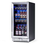 ORALNER 15“ Beverage Center Wine Cooler Refrigerator Under Counter-100 Cans Wine Fridge Built-in/Freestanding for Soda Beer Wine Lockable Mini Fridge w/Glass Door Shelf Blue Light for Bar