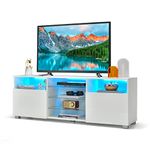 COSTWAY LED TV Stand for 65 Inch TVs, Wooden TV Cabinet Media Entertainment Center with RGB LED Lights, Adjustable Glass Shelves and 2 Doors, 146cm TV Unit Console Table for Living Room (White)