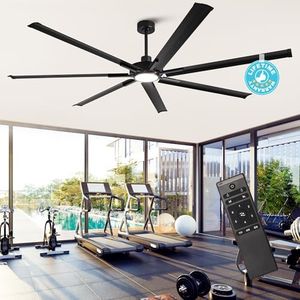 100 Inch Ceiling Fans with Lights and Remote, Industrial Black Ceiling Fan for Living Room Shop Garage Large Outdoor Ceiling Fans for Patios, Dimmable, 6-Speed Reversible DC Motor, 7 Aluminum Blades