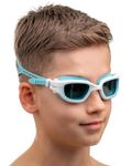 AqtivAqua Kids Swimming Goggles Kids 6-14 3-6 Swim Goggles for Childrens Girls Boys MINI-DXC (Blue&white, Transparent lenses)