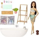 Barbie Doll and Bathtub Playset with Puppy, Kids Toys, Brunette, Colorful Confetti Soap and Accessories, Self-Care and Wellness Theme, HKT93