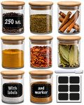 Set of 8 Glass Spice Jars with Bamboo Lids - 250 ml - With Labels & Erasable Marker - Airtight & Dishwasher Safe - Perfect for Organizing Spices & Herbs