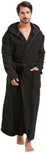 FashGudim 400g Mens Plush Robe with Hood Full Length Winter Long Luxury Hooded Bathrobe for Men Big and Tall, Black, Large-X-Large Plus Tall